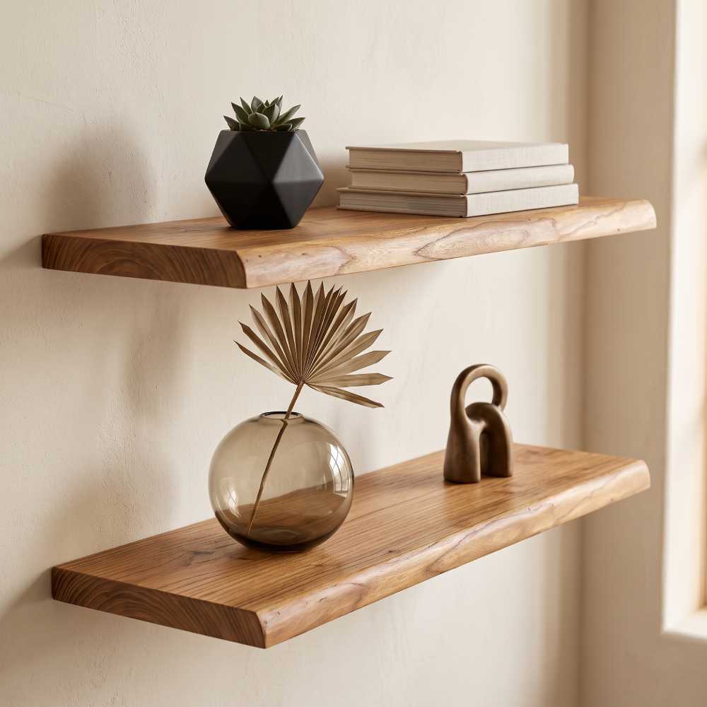 Live Edge Floating Shelves 24 Inch, Solid Elm Set of 2