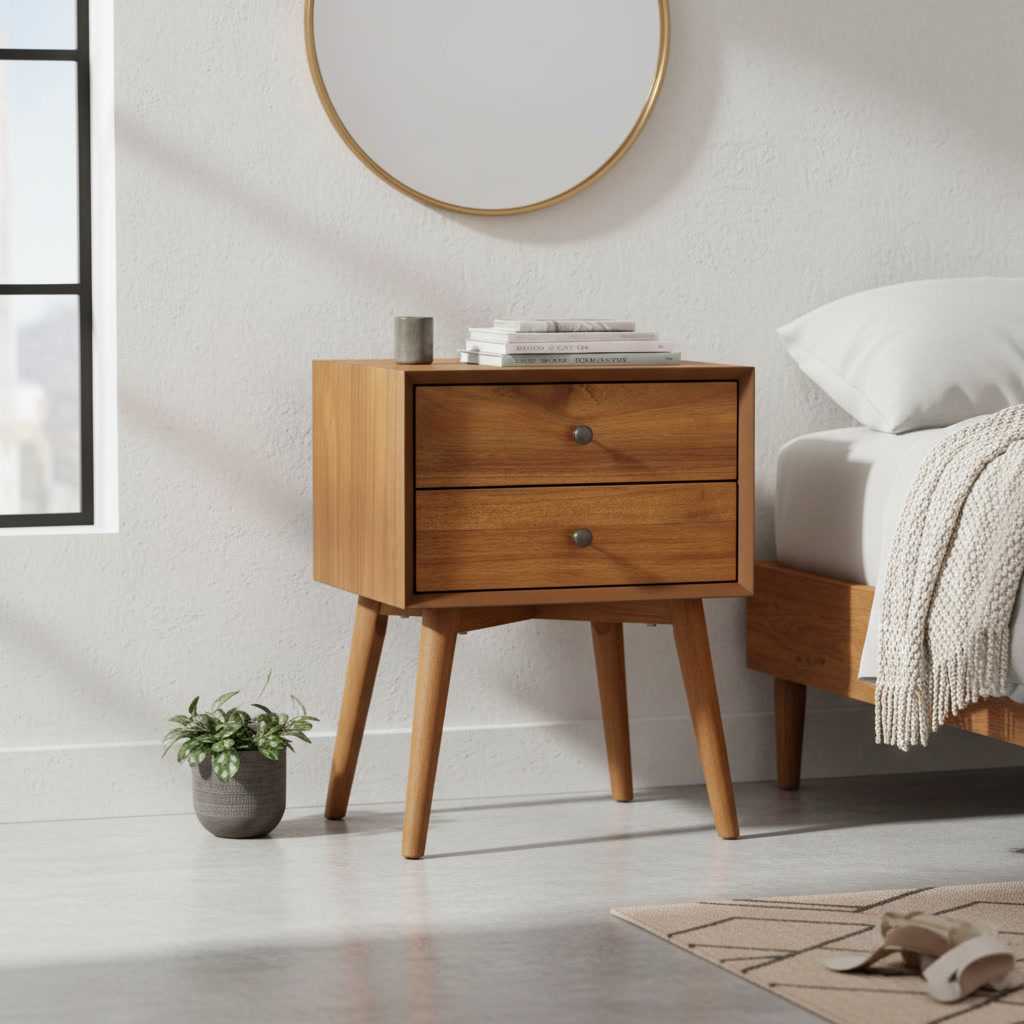 Mid Century Nightstand 23.5 Inch, Acorn Walnut 2 Drawer