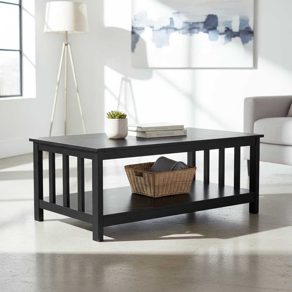 Mission Style Coffee Table 40 Inch, Black Slatted Sides