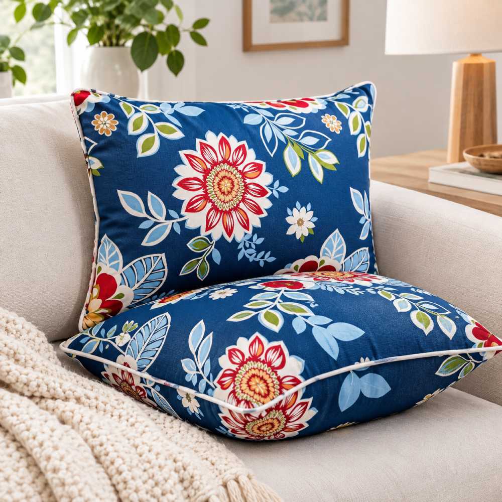 Outdoor Lumbar Pillows, Blue Floral 12×20 Set of 2