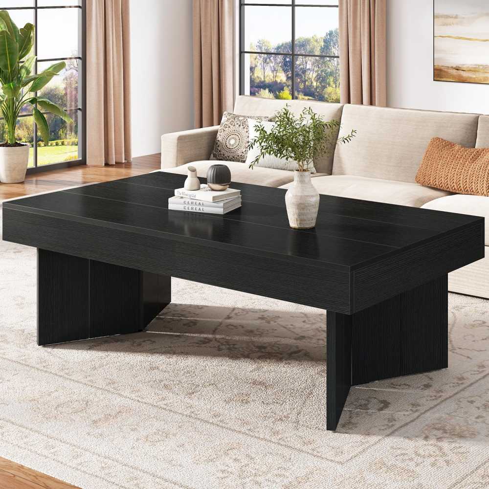 Pedestal Coffee Table 47 Inch, Black Wood Grain V Base