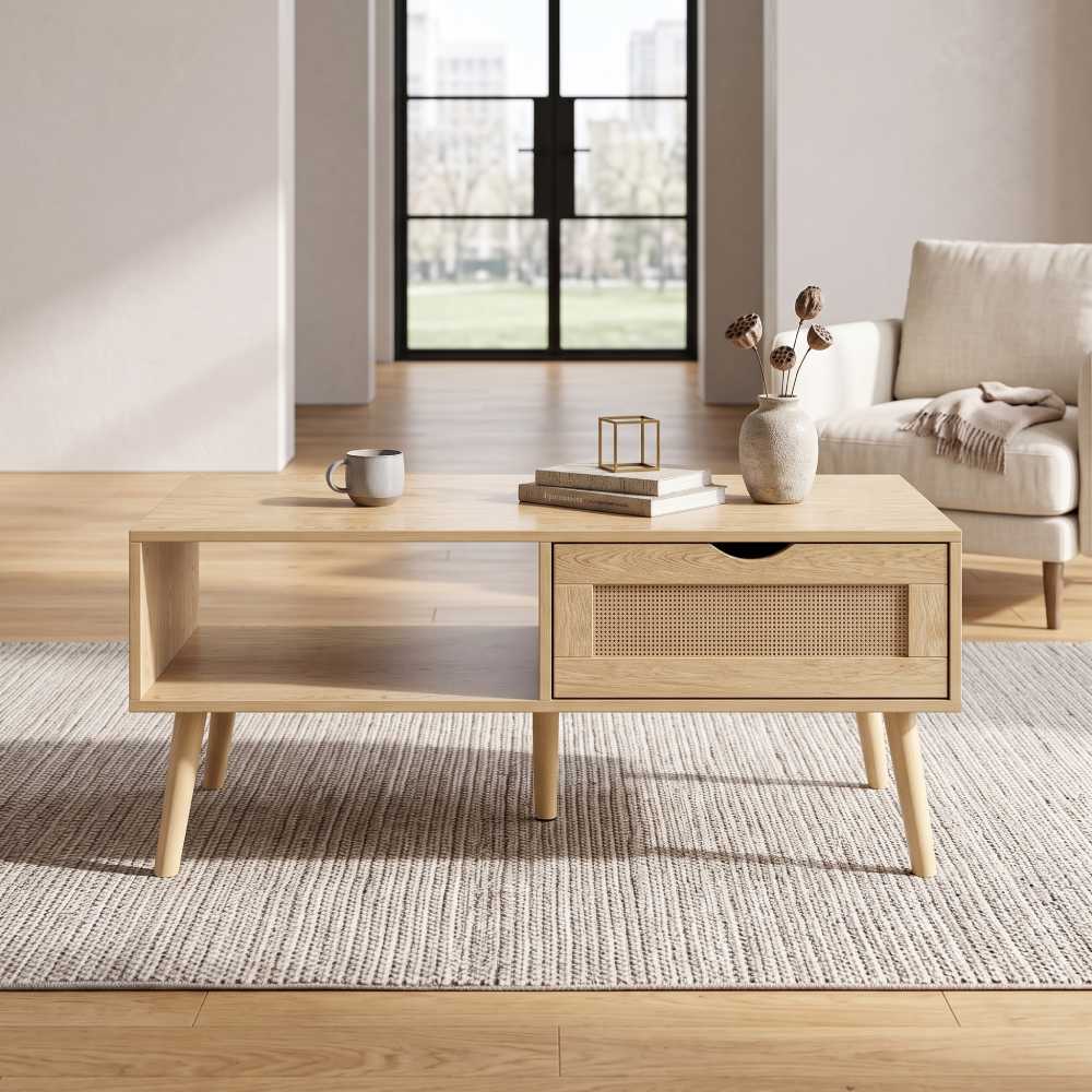 Rattan Drawer Coffee Table with Open Shelf, Natural Oak