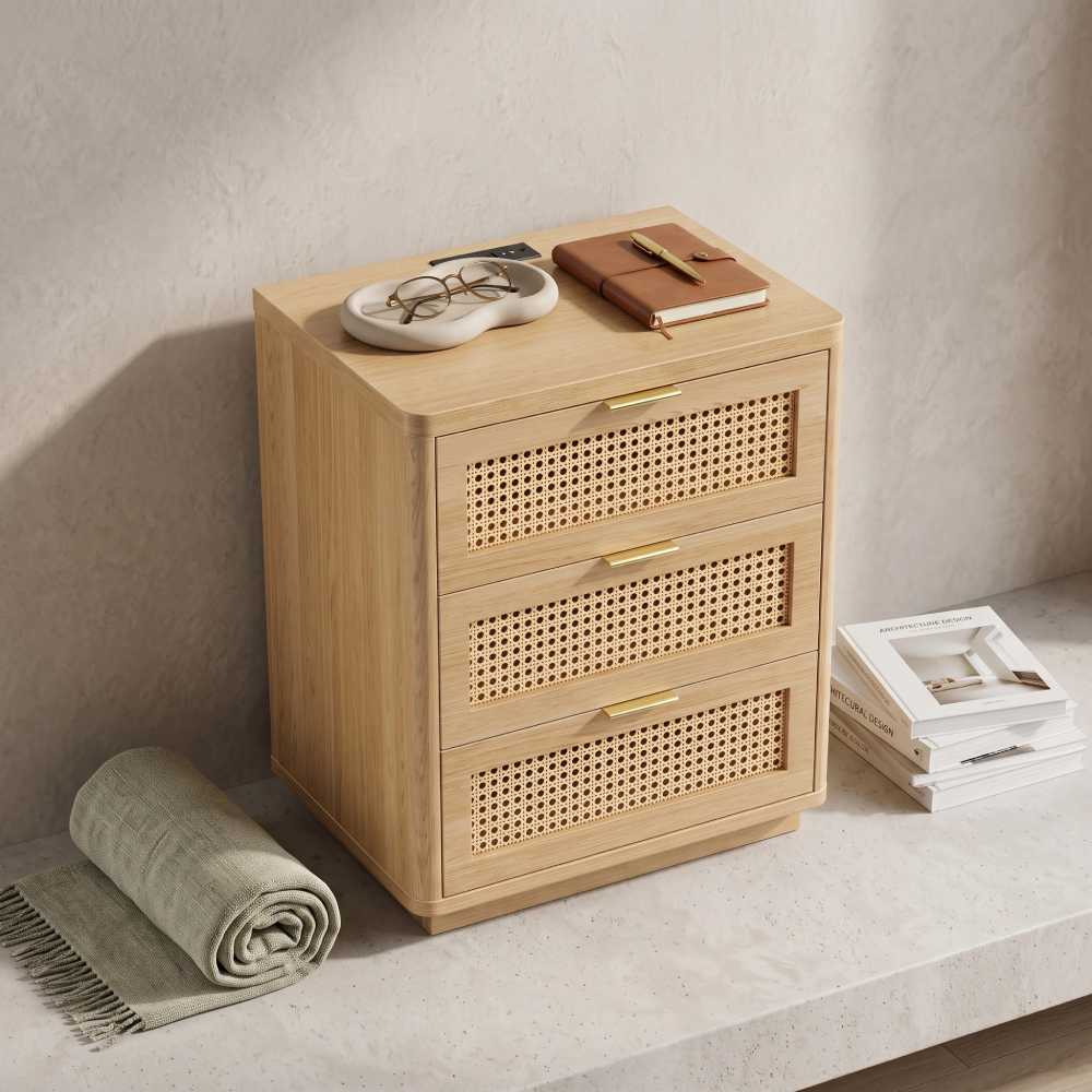 Rattan Nightstand 25.6 Inch, 3 Drawer Natural Oak