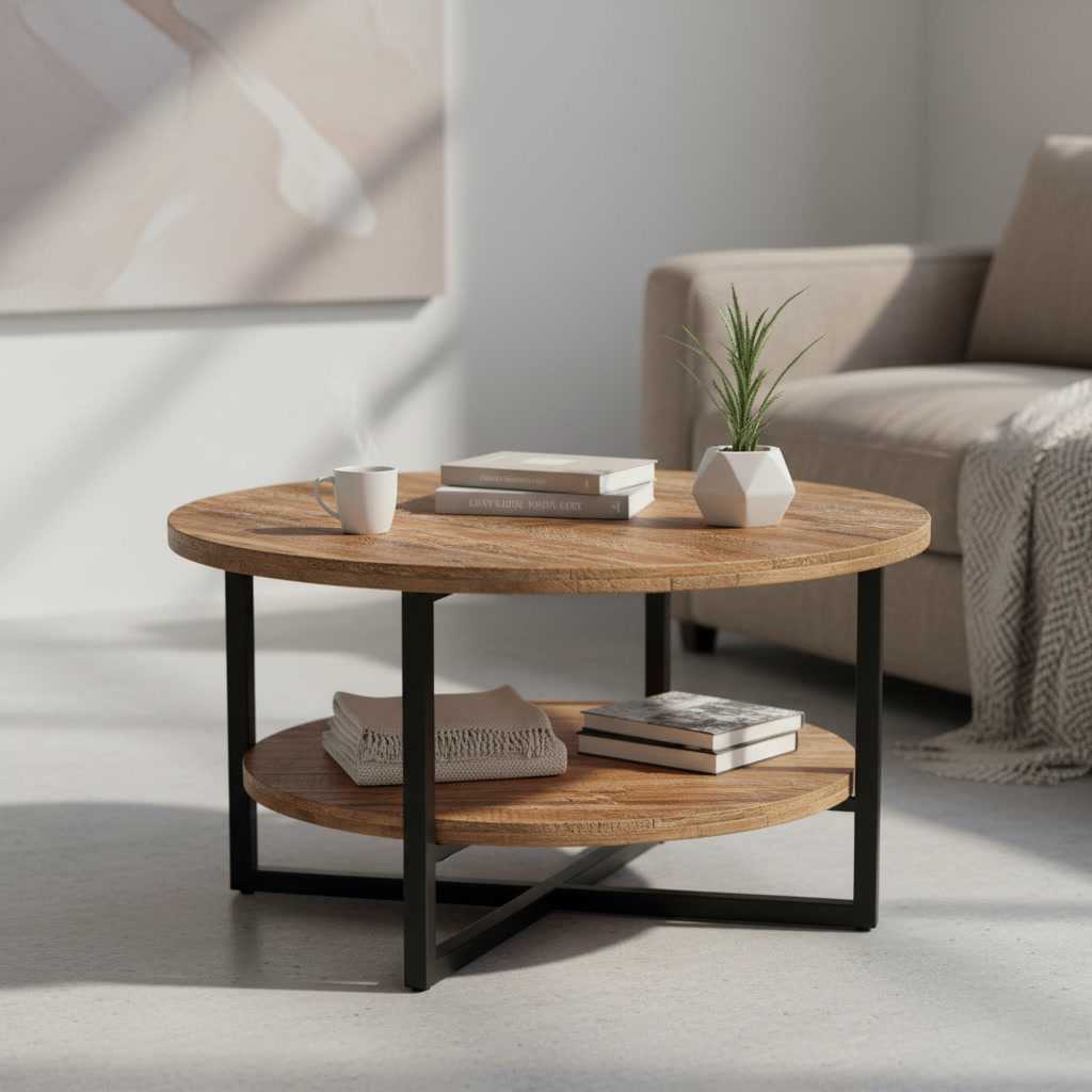 Round Coffee Table 28 Inch, Adjustable Feet Two Tier
