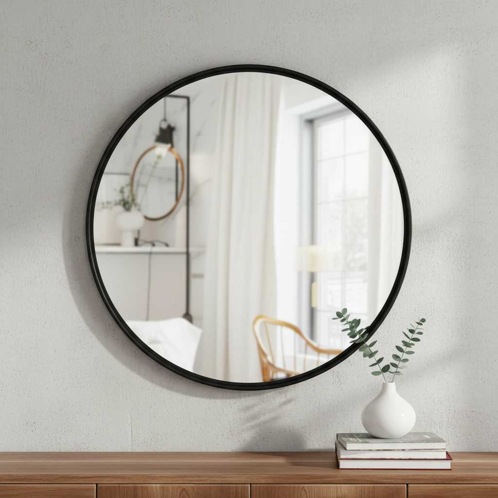 Round Mirror 24 Inch, Matte Black Silver Coated Glass