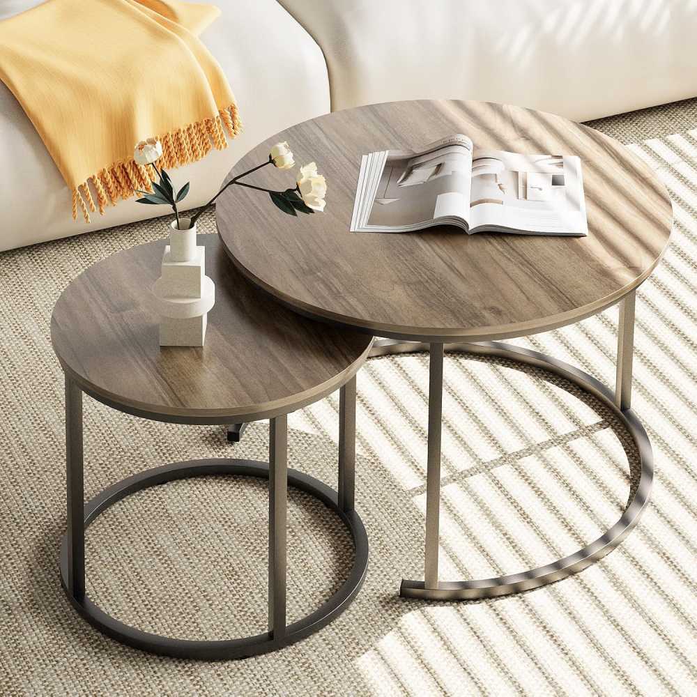 Round Nesting Table Set of 2, Oak Effect Metal Frame