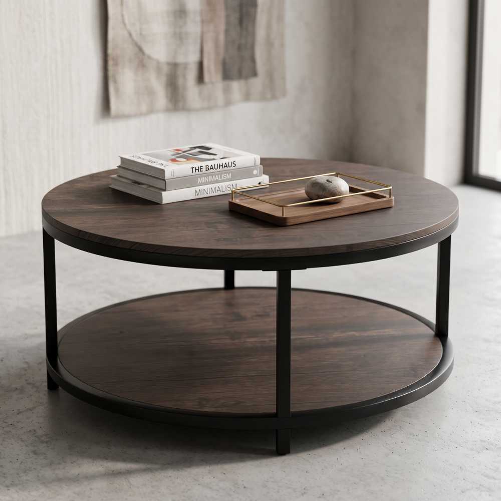 Round Two Tier Coffee Table 36 Inch, Walnut Metal Legs