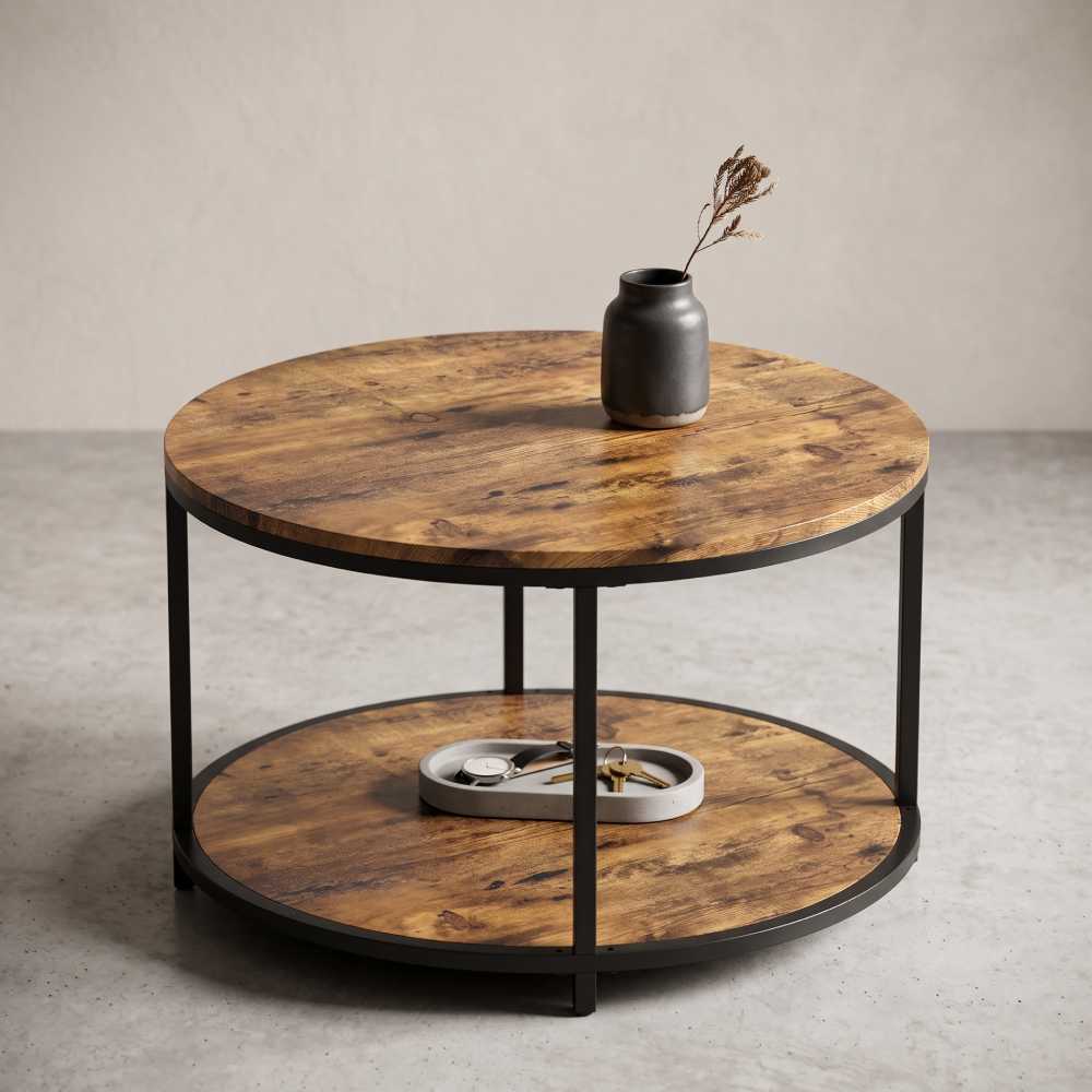 Small Round Coffee Table 25.6 Inch, Two Tier Rustic Brown
