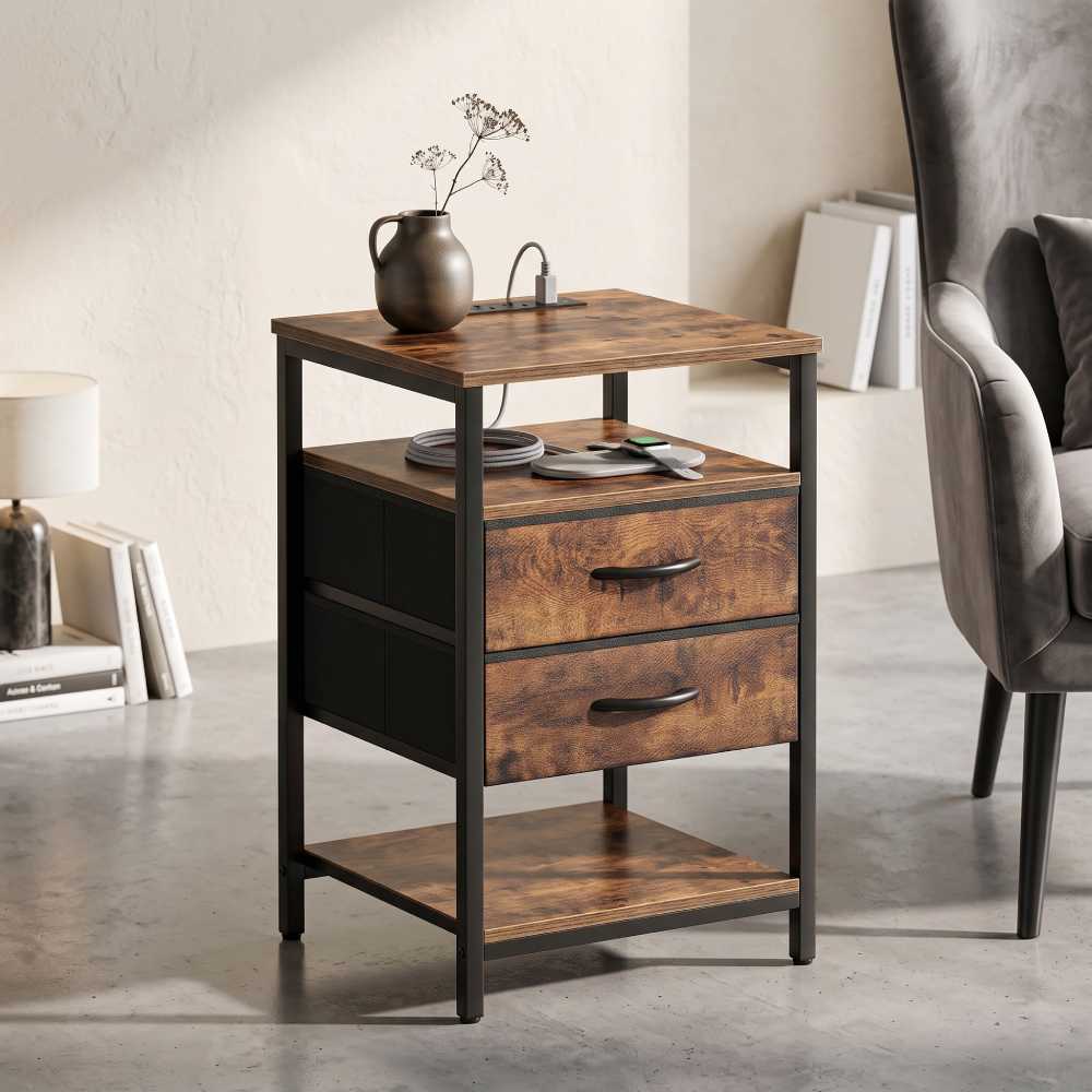 Tall Nightstand 27.6 Inch, Charging Station 3 Drawers