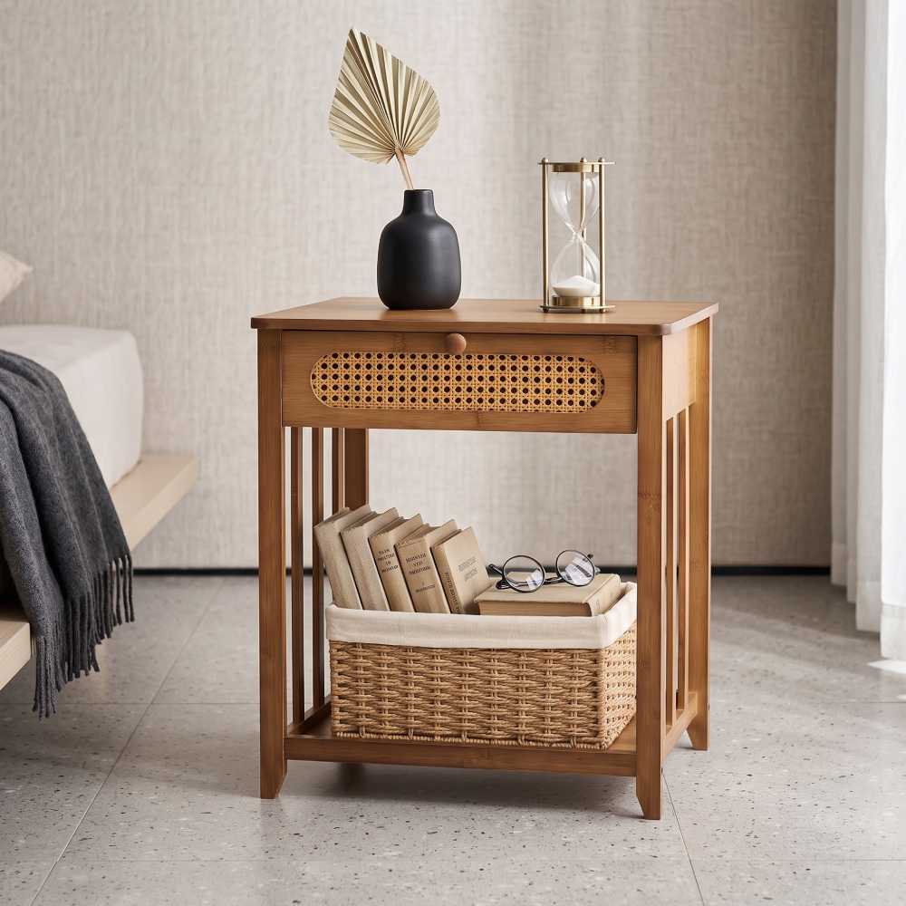 Bamboo Nightstand with Rattan Drawer and Open Shelf, Walnut