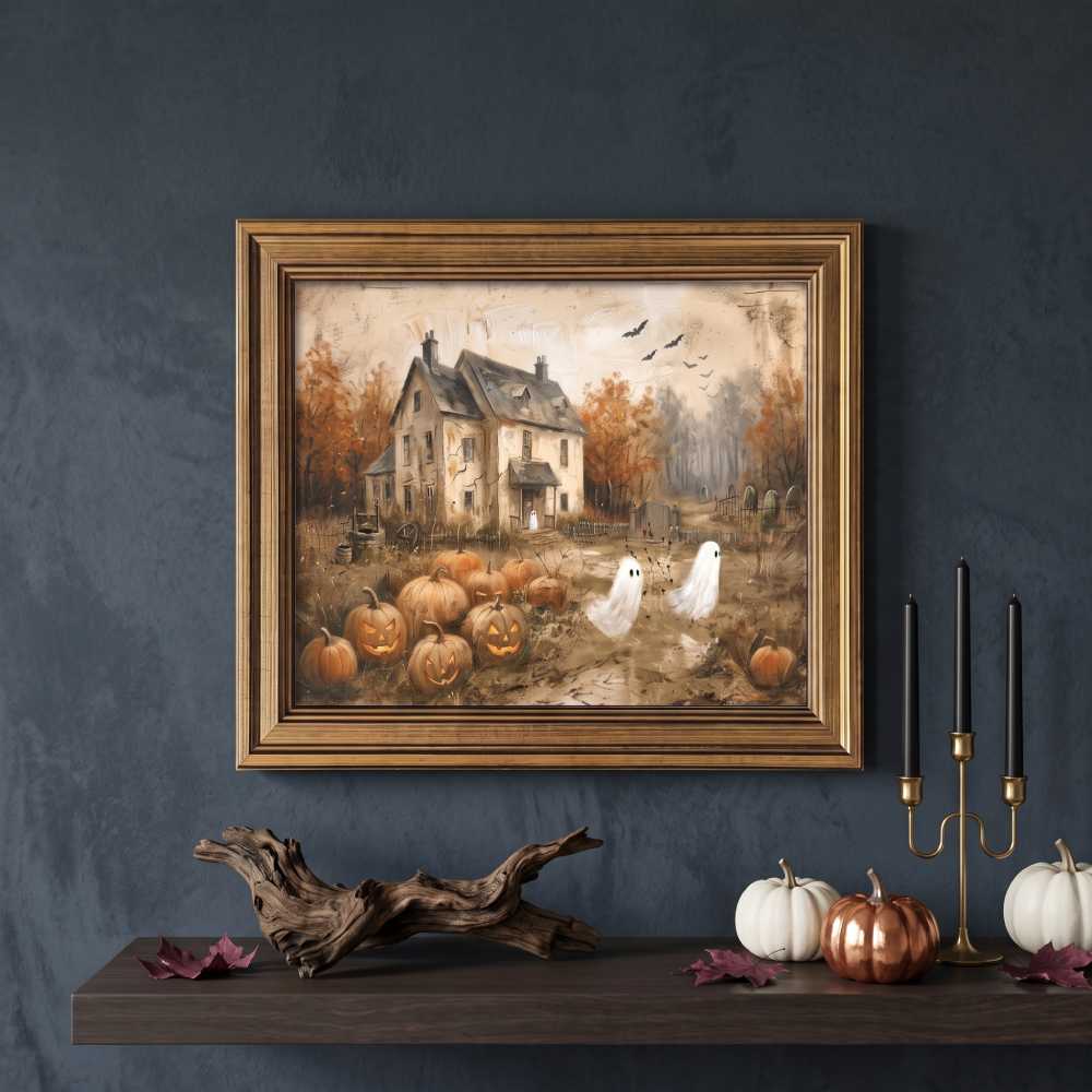 Framed Vintage Halloween Wall Art, Haunted House 16 x 20 Inch