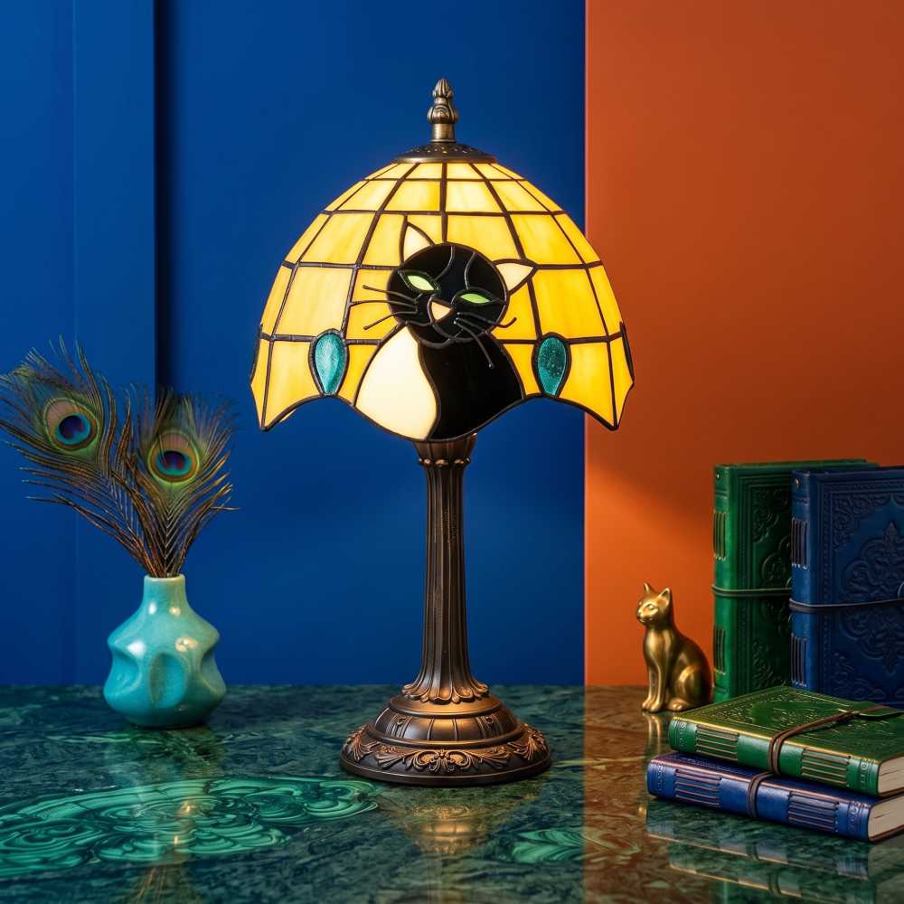 Halloween Tiffany Style Stained Glass Cat Lamp, 14 Inch Black